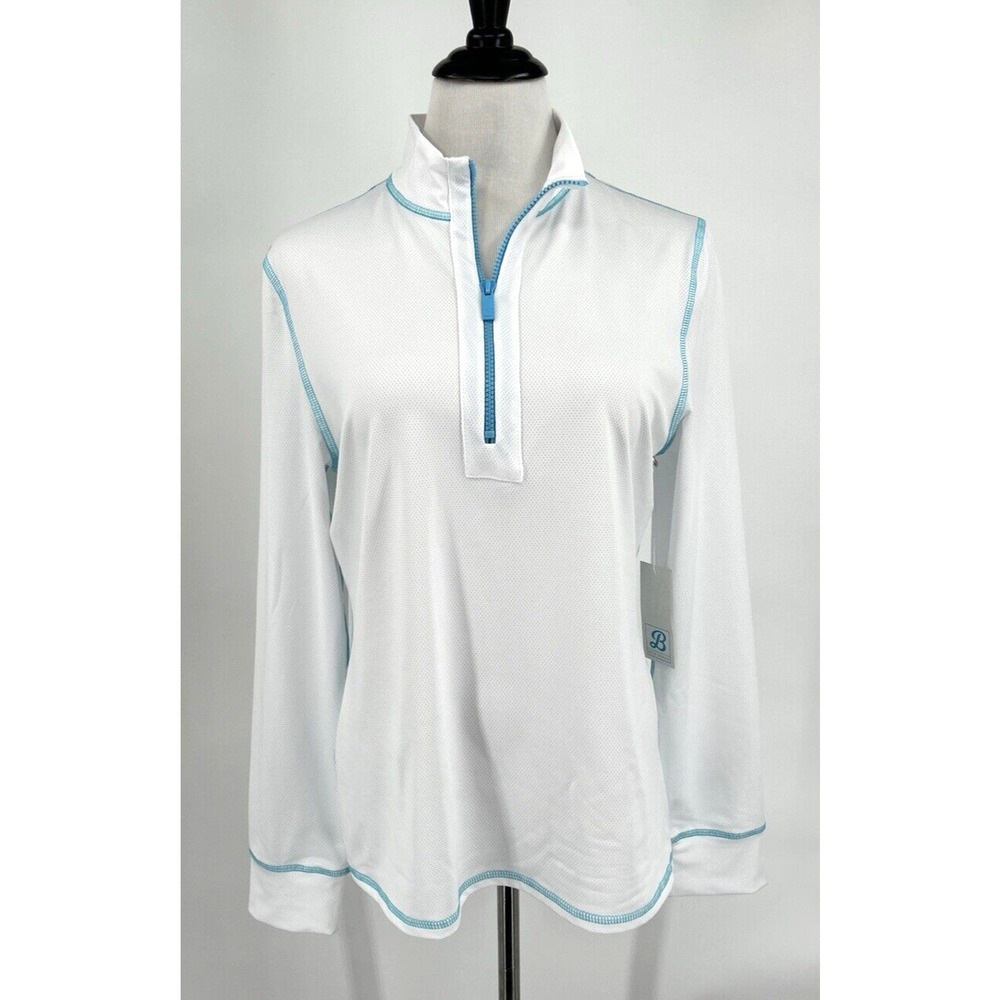Beth Depass 1/4 Zip Long Sleeve White Lt Blue Stitch Golf Sport Top USA NWT XS